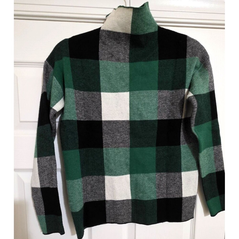 Tahari Plaid Mock Neck Sweater in green, black, white tartan Sz XS Women’s